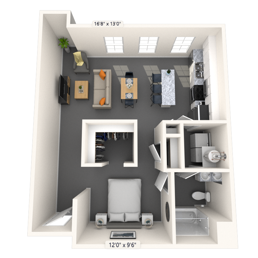 Floor plan for studio, 1 bath, 764 sqft
